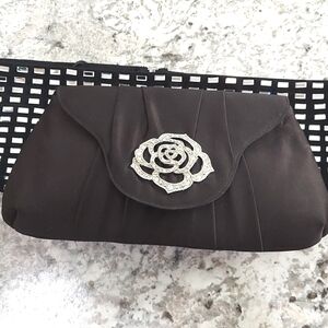 Landry Evening Bag, Black Poie De Soie,‎ Rhinestone Rose Emblem. Long Silk Cord